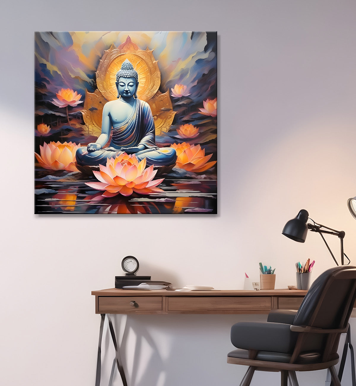 White Buddha painting with lotus flower 24x24 inch Buddha-S-102