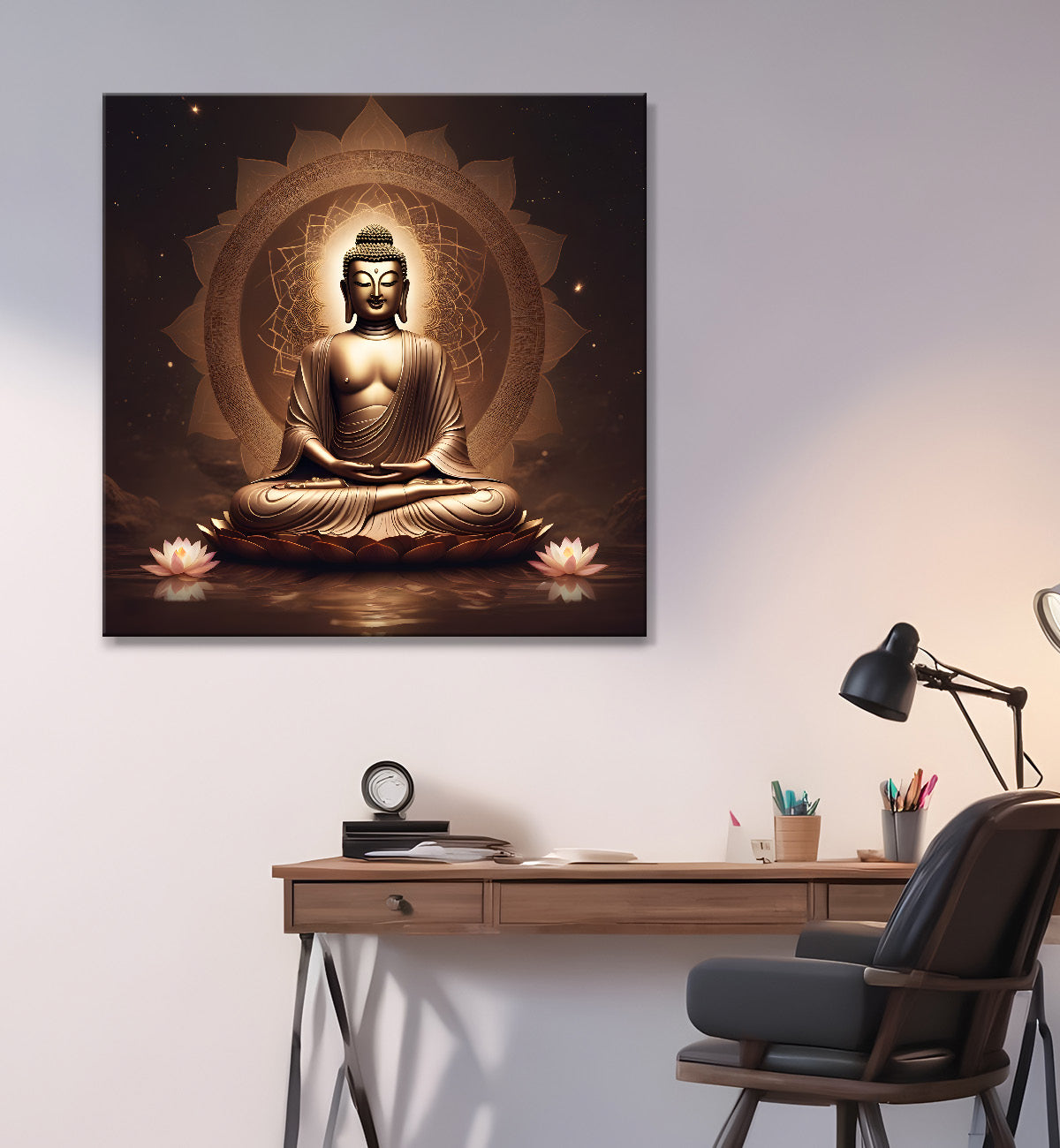 Buddha Painting Dark Brown Theme with Lotus 24x24 inch Buddha-S-103