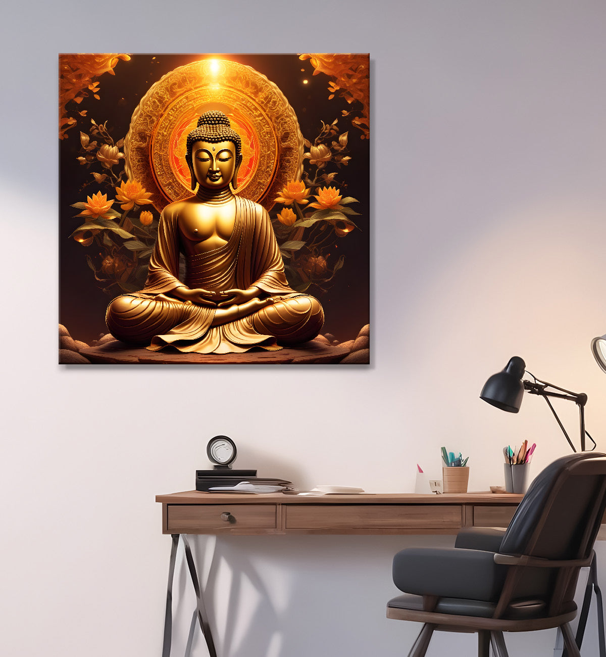 Buddha Painting Dark Brown Theme with Lotus 24x24 inch Buddha-S-106
