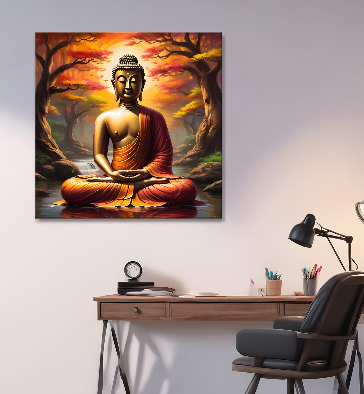 Golden Buddha Sitting under the tree in forest Painting 24x24 inch Buddha-S-109
