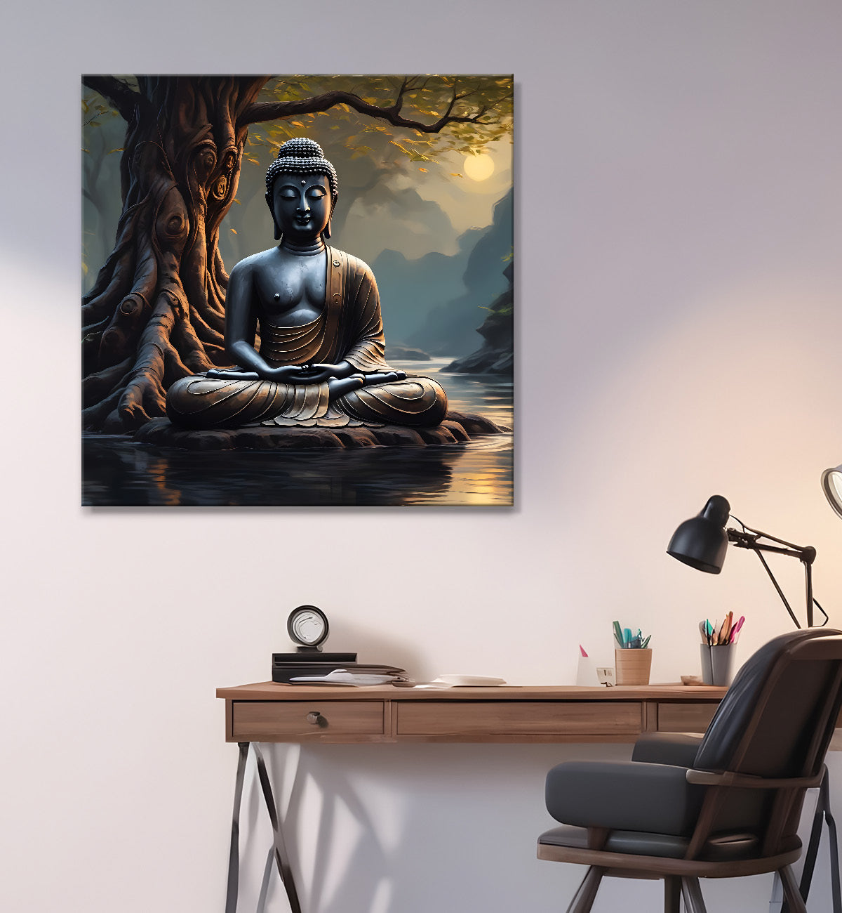 Lord Buddha Sitting under tree sunrise painting 24x24 inch Buddha-S-112