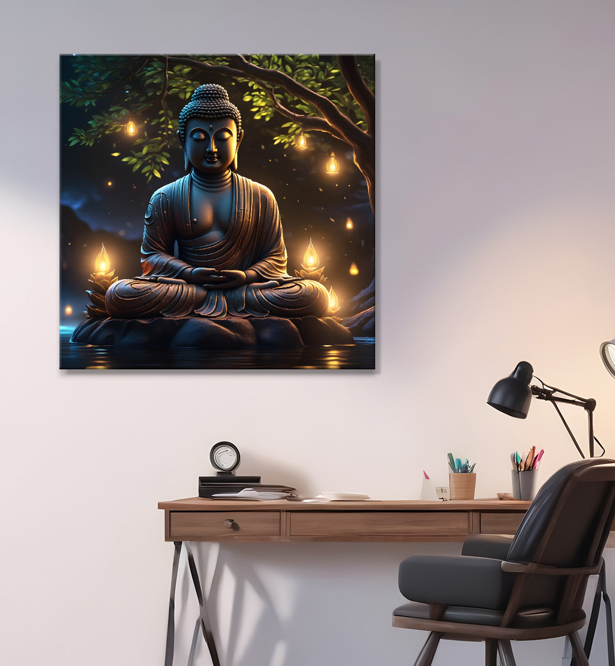Lord Buddha Sitting under tree sunrise painting 24x24 inch Buddha-S-117