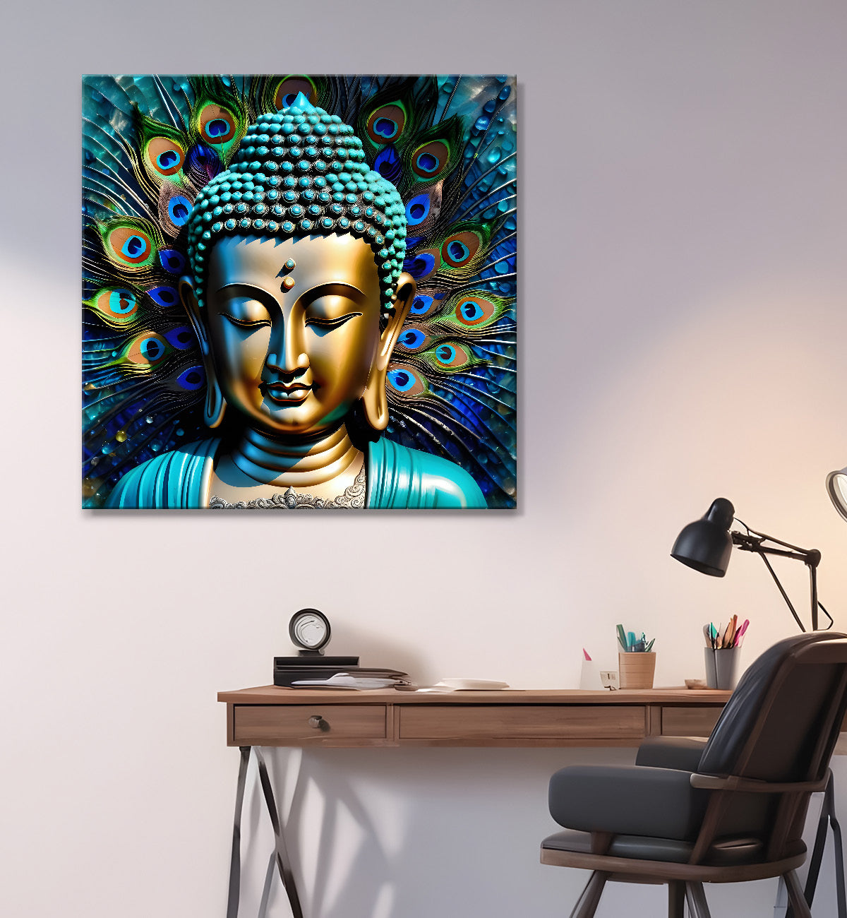 Lord Buddha Rasin art marble finish with peacock feather Golden painting 24x24 inch Buddha-S-135