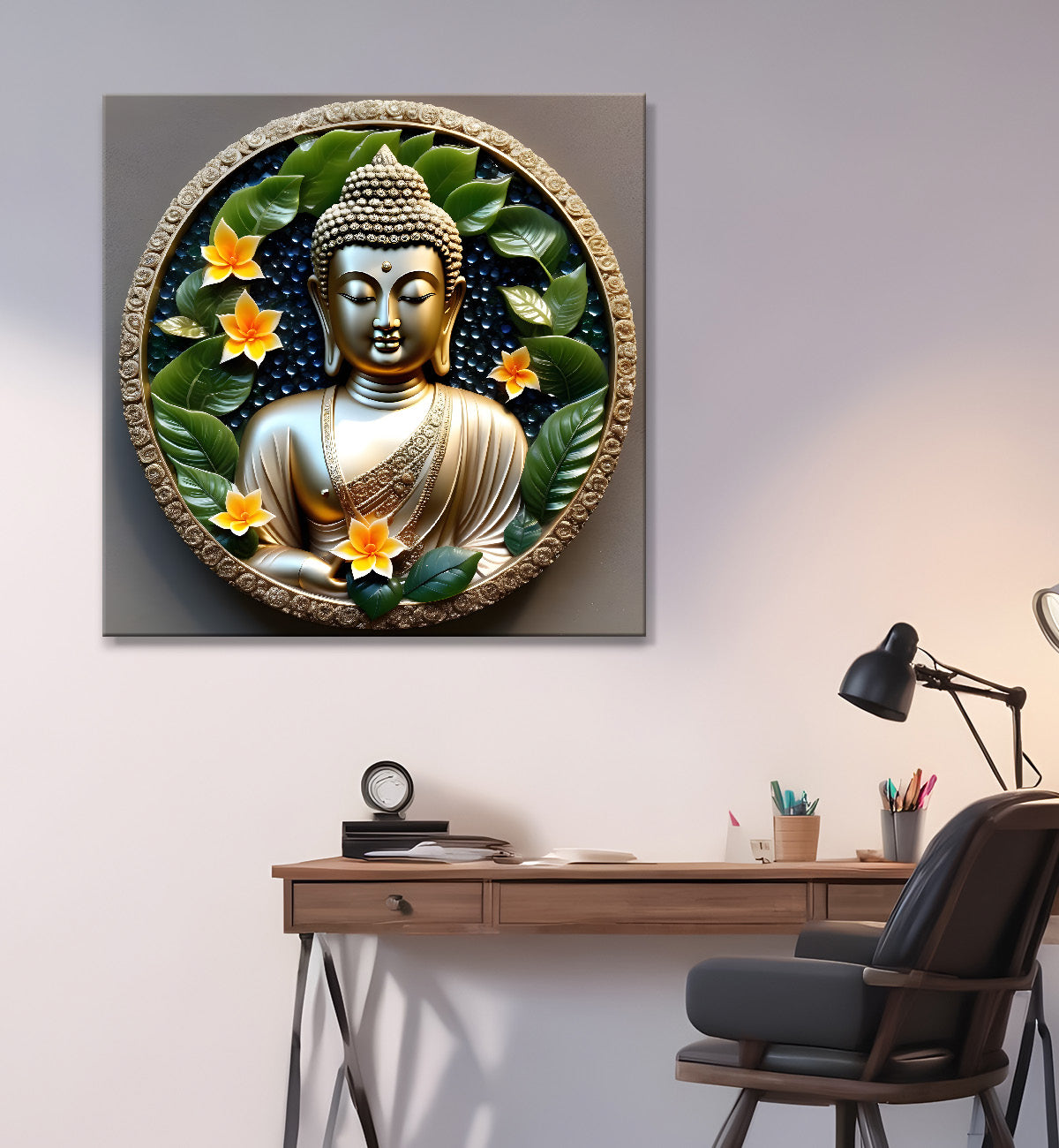 Lord Buddha with leaf and flower Rasin art marble finish Golden painting 24x24 inch Buddha-S-152
