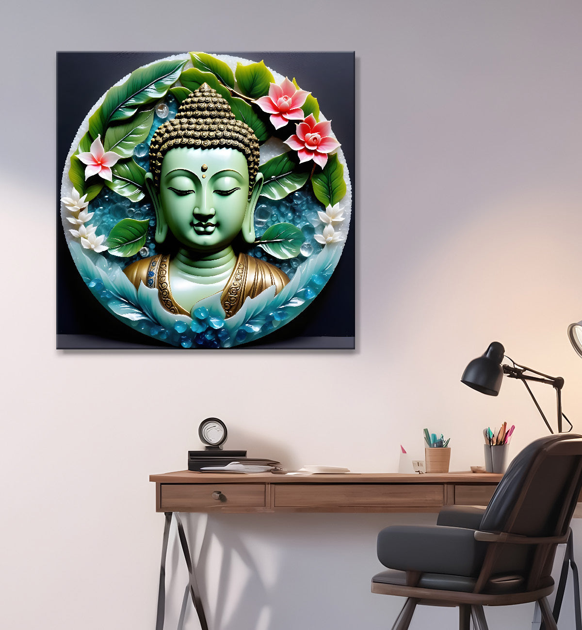 Lord Buddha with leaf and flower Rasin art marble finish Golden painting 24x24 inch Buddha-S-153