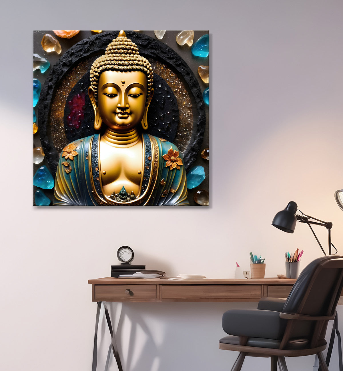 Lord Buddha with leaf and flower Rasin art marble finish Golden painting 24x24 inch Buddha-S-154