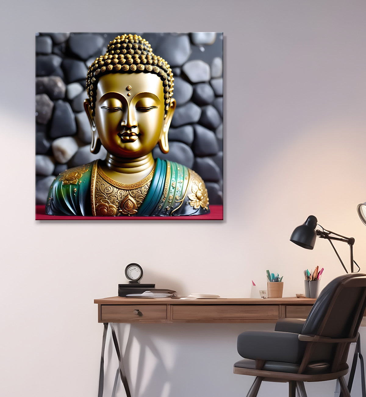 Lord Buddha with leaf and flower Rasin art marble finish Golden painting 24x24 inch Buddha-S-155