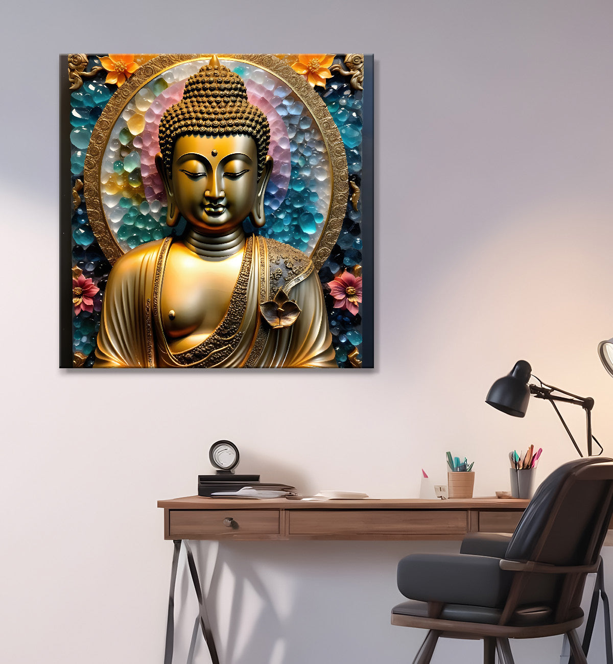 Lord Buddha Rasin art marble finish Golden painting 24x24 inch Buddha-S-163