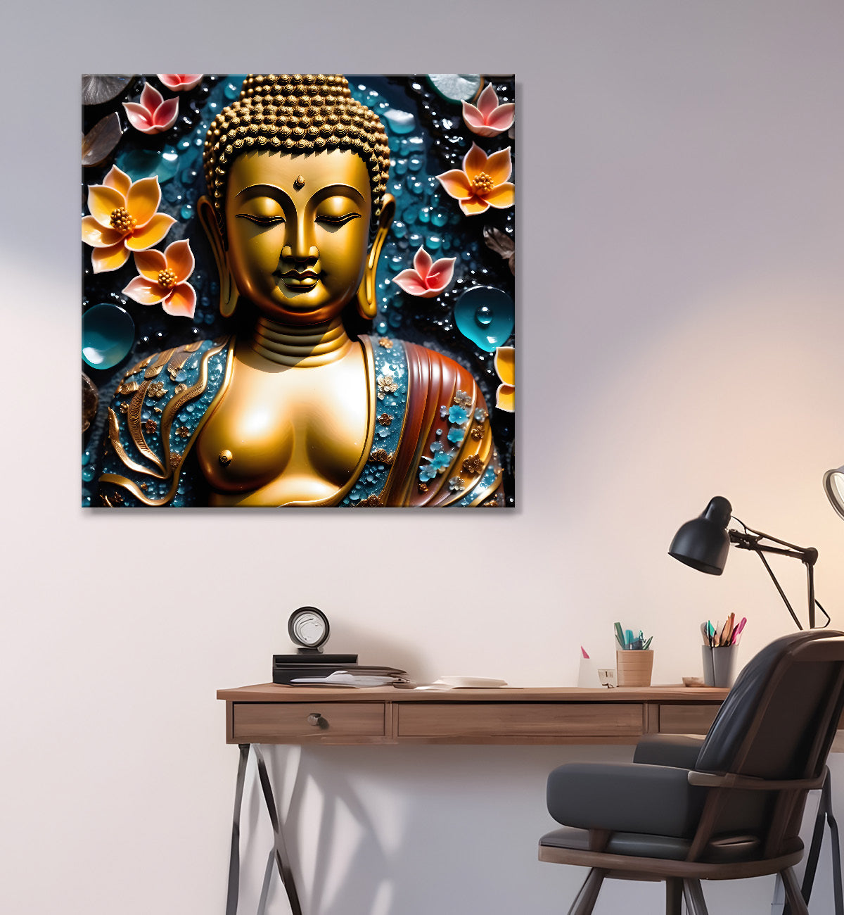 Lord Buddha Rasin art marble finish Golden painting 24x24 inch Buddha-S-170