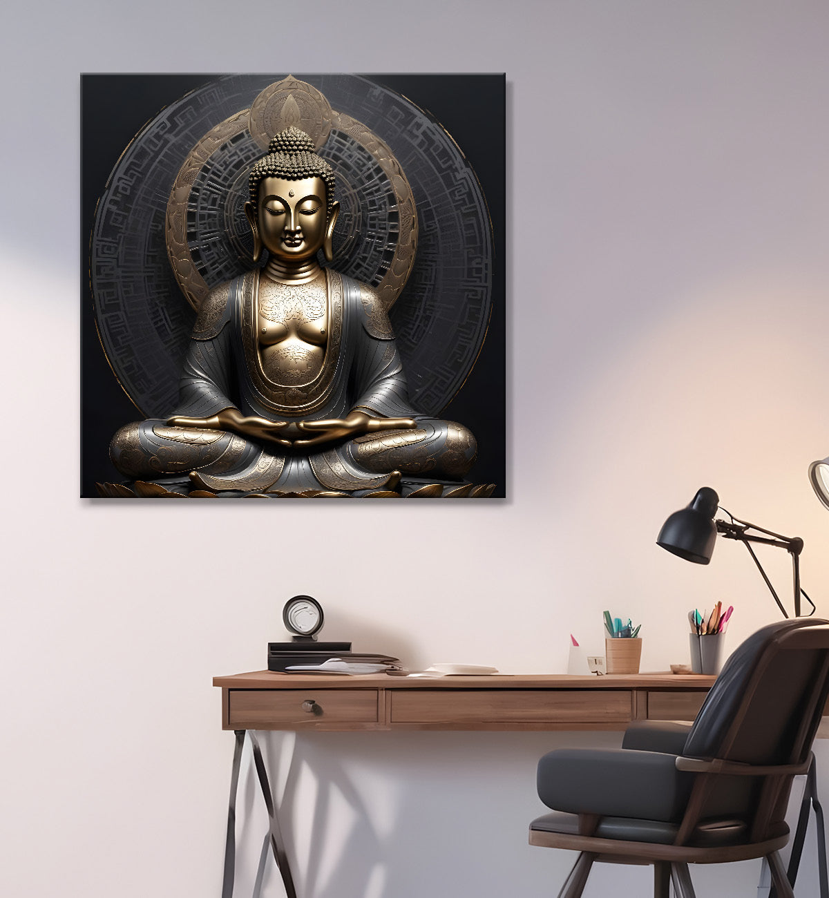 Golden Gray Black Dark theme buddha painting 24x24 inch Buddha-S-179