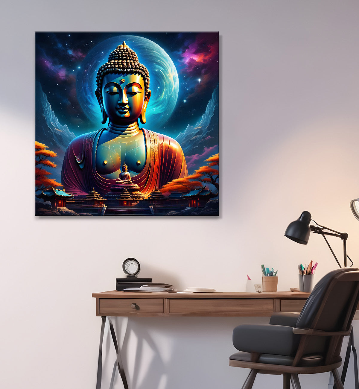 Golden buddha statue with cosmic light in background painting 24x24 inch Buddha-S-180