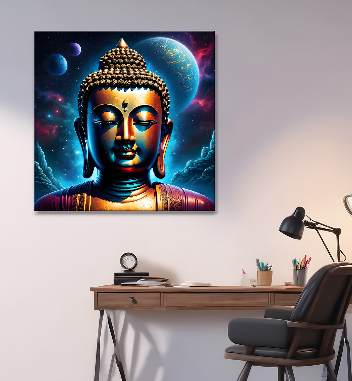 Golden buddha statue with cosmic light in background painting 24x24 inch Buddha-S-181