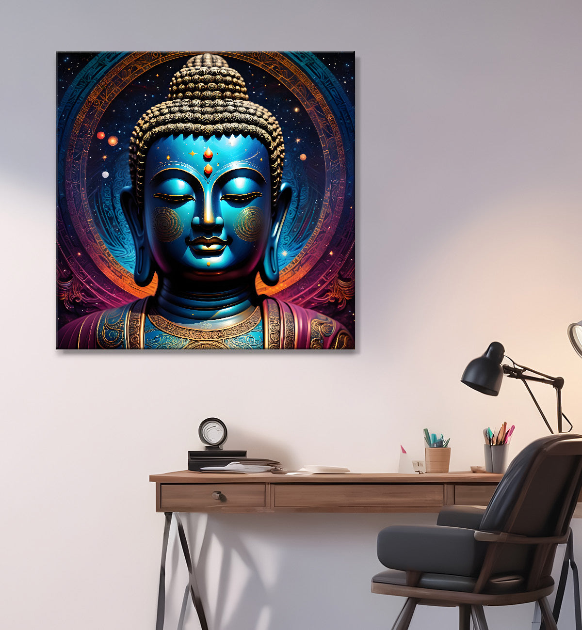 Golden buddha statue with cosmic light in background painting 24x24 inch Buddha-S-182