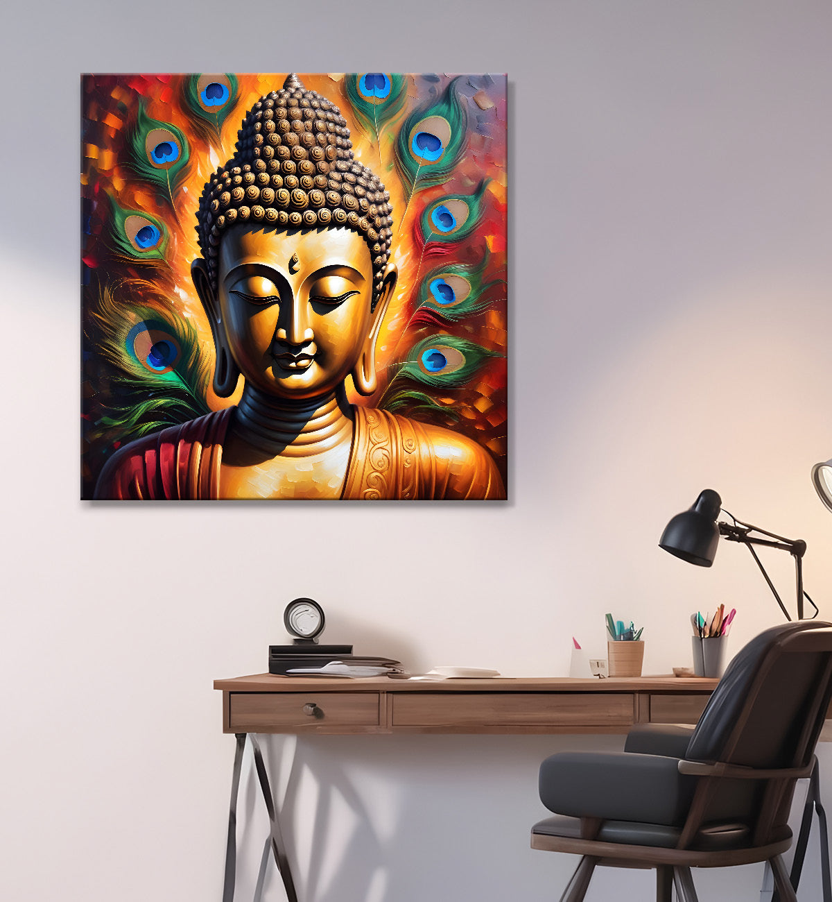 Buddha painting with peacock feather 24x24 inch Buddha-S-186