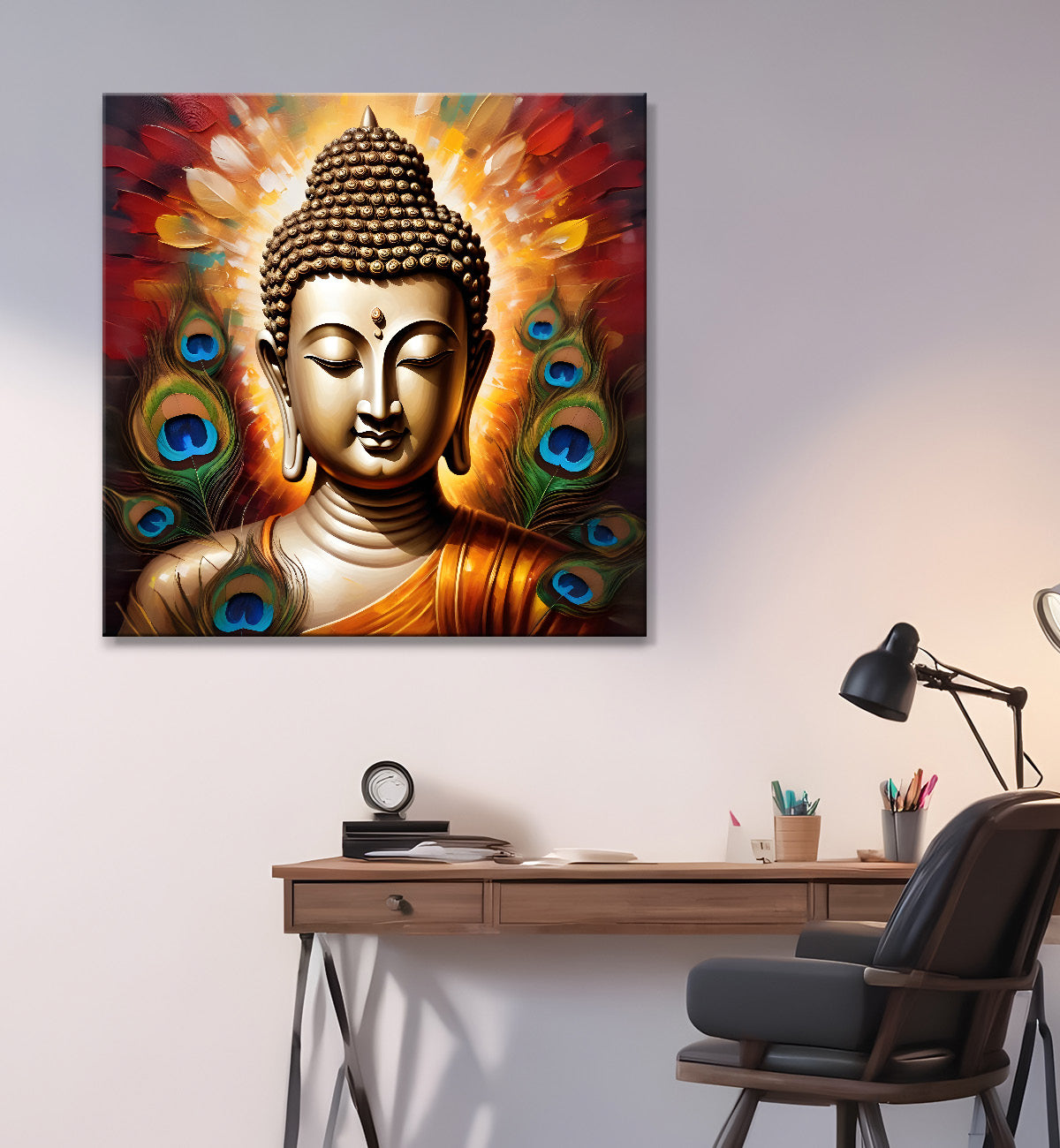 Buddha painting with peacock feather 24x24 inch Buddha-S-187