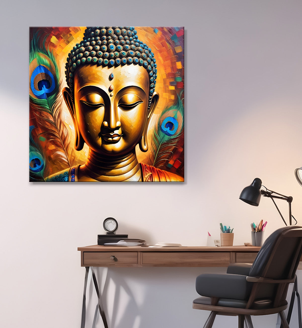 Buddha painting with peacock feather 24x24 inch Buddha-S-188