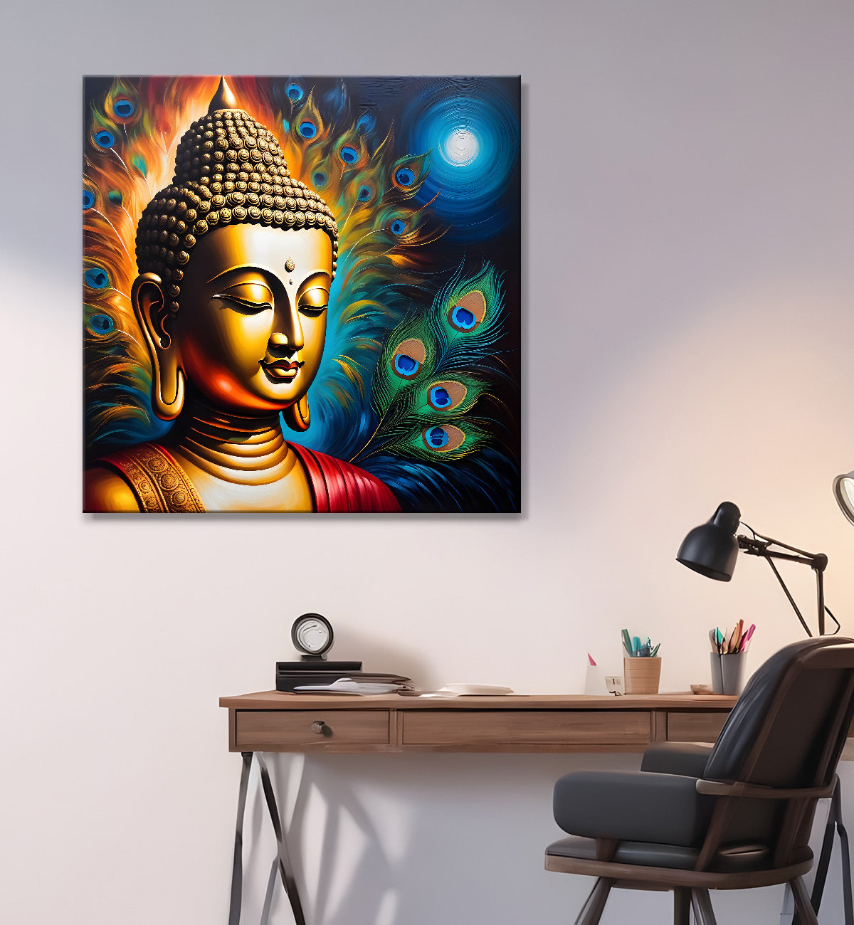 Buddha painting with peacock feather 24x24 inch Buddha-S-189