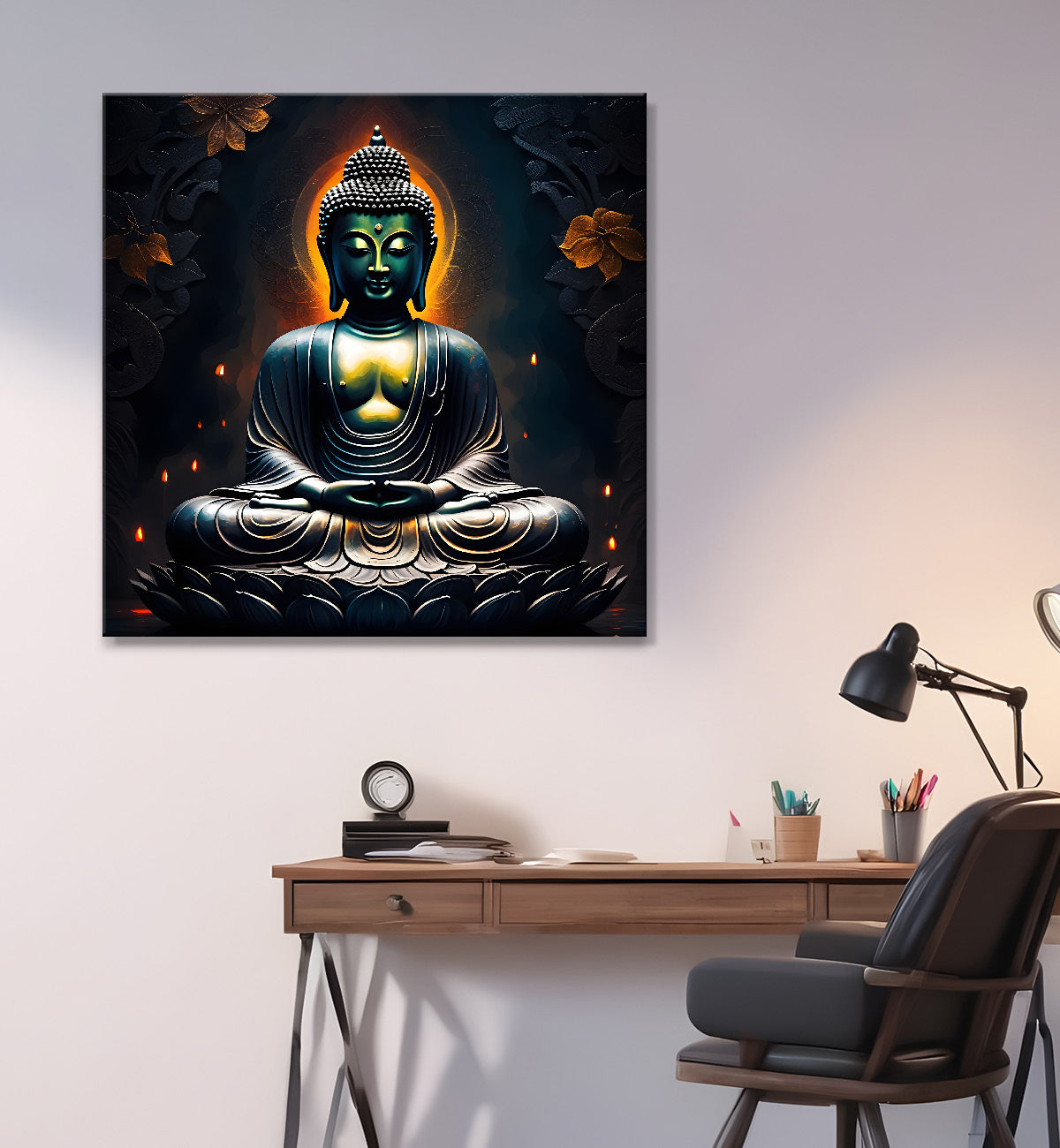 Black buddha with yellow chakra and dark background painting 24x24 inch Buddha-S-190