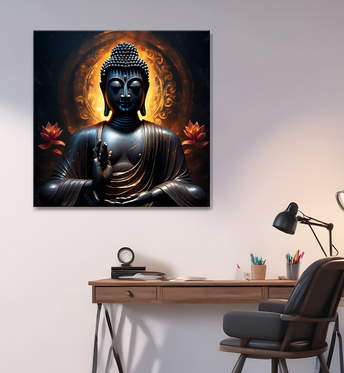 Black buddha with yellow chakra and dark background painting 24x24 inch Buddha-S-191