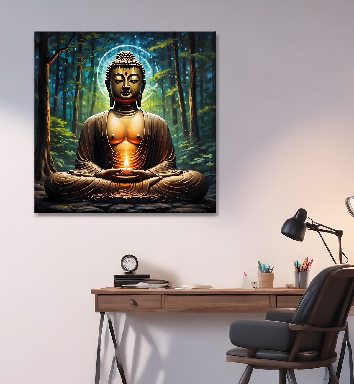 Golden buddha with green background painting 24x24 inch Buddha-S-192