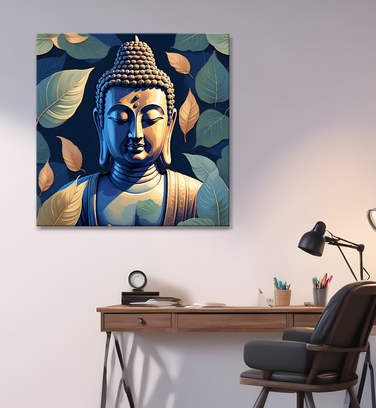 Buddha in navy blue and leaves background 24x24 inch Buddha-S-193