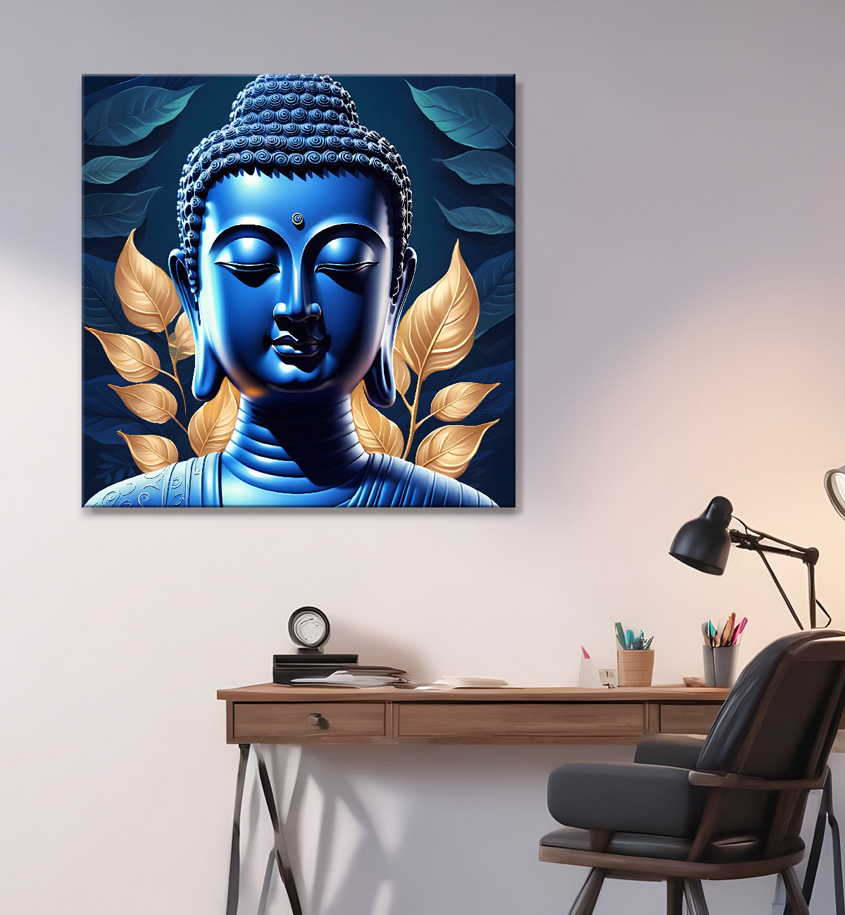 Blue buddha face in textured background  24x24 inch Buddha-S-195