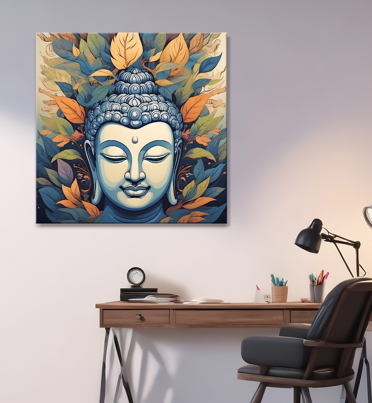 White face of buddha with orange leaves textured background  24x24 inch Buddha-S-196