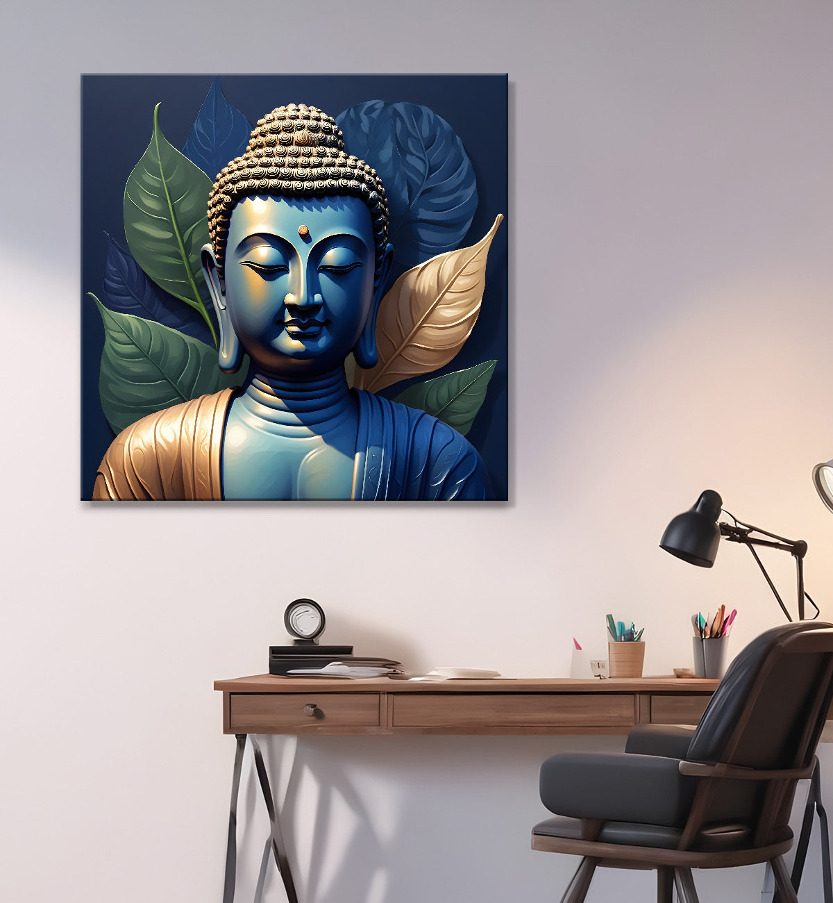 Blue buddha face in textured background  24x24 inch Buddha-S-197