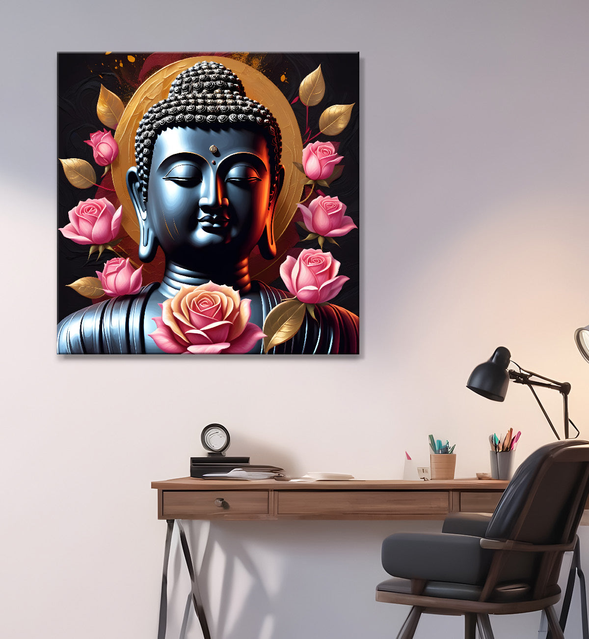 Buddha face with lotuses in textured background  24x24 inch Buddha-S-198