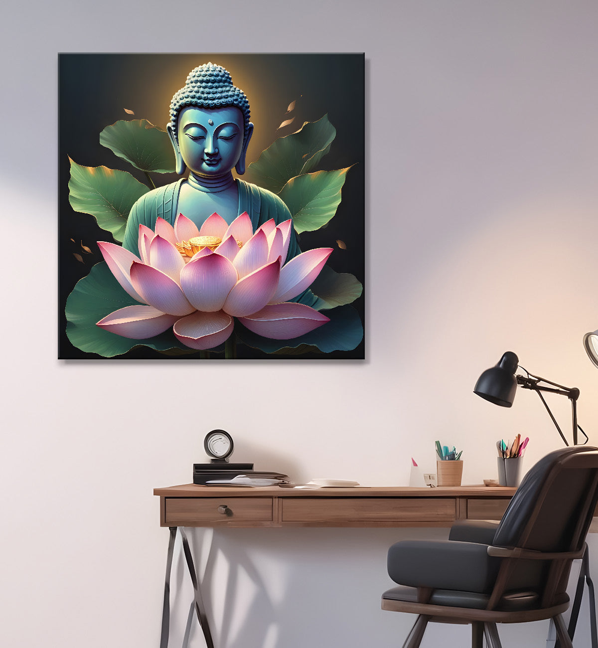Buddha with lotuses in textured background 24x24 inch Buddha-S-199