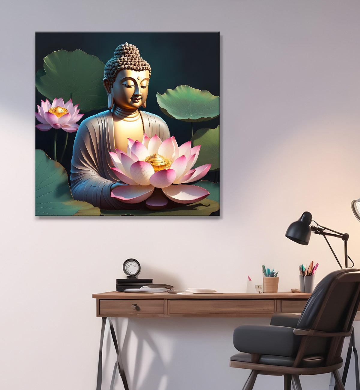 Buddha with lotuses in textured background 24x24 inch Buddha-S-200