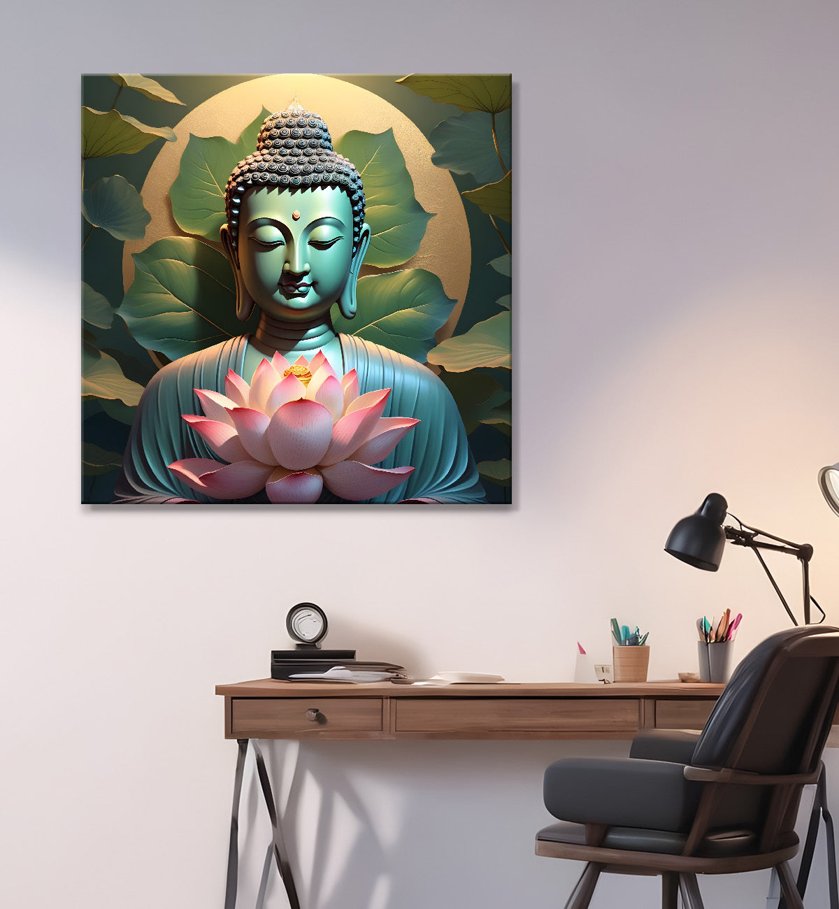 Buddha with lotuses in textured background 24x24 inch Buddha-S-201