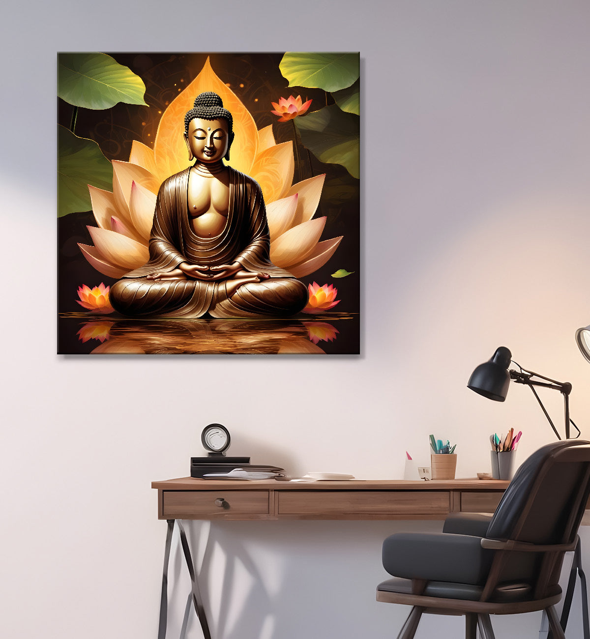 Golden buddha sitting on lotus textured background  24x24 inch Buddha-S-202