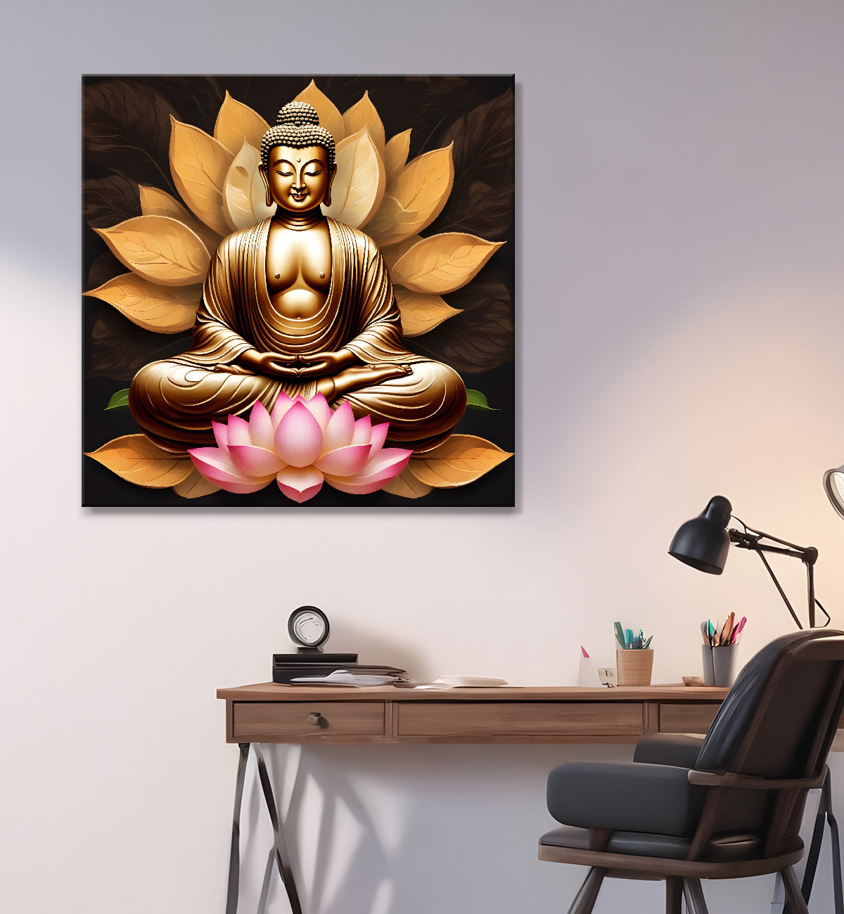 Golden buddha sitting on lotus textured background  24x24 inch Buddha-S-203