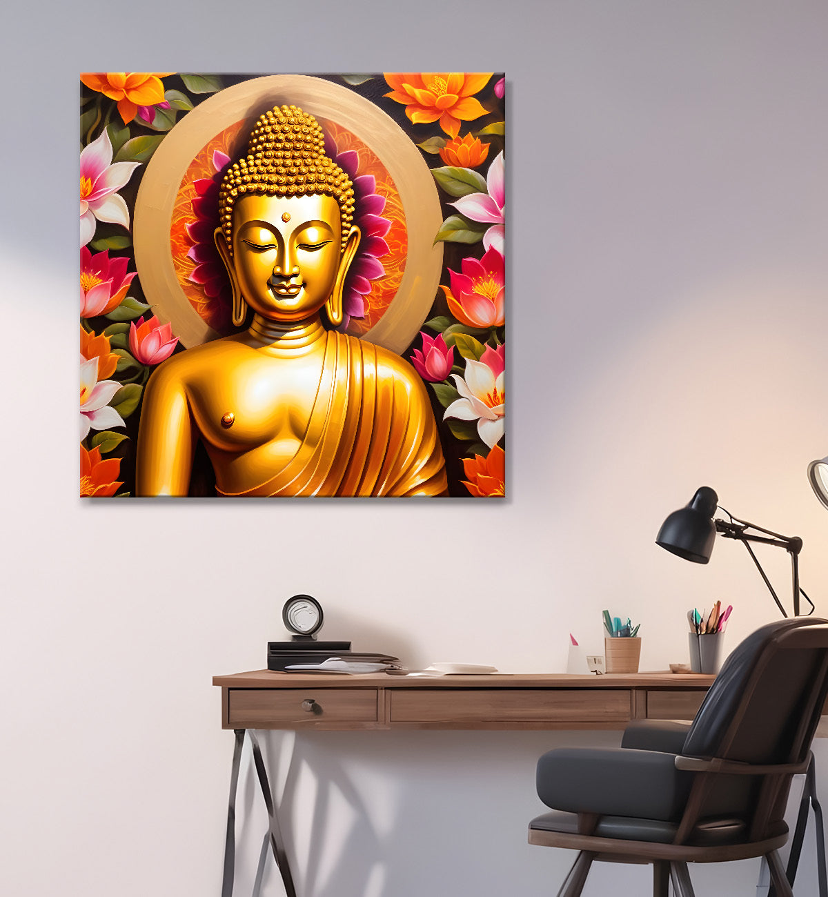 Golden buddha with lotuses background 24x24 inch Buddha-S-204