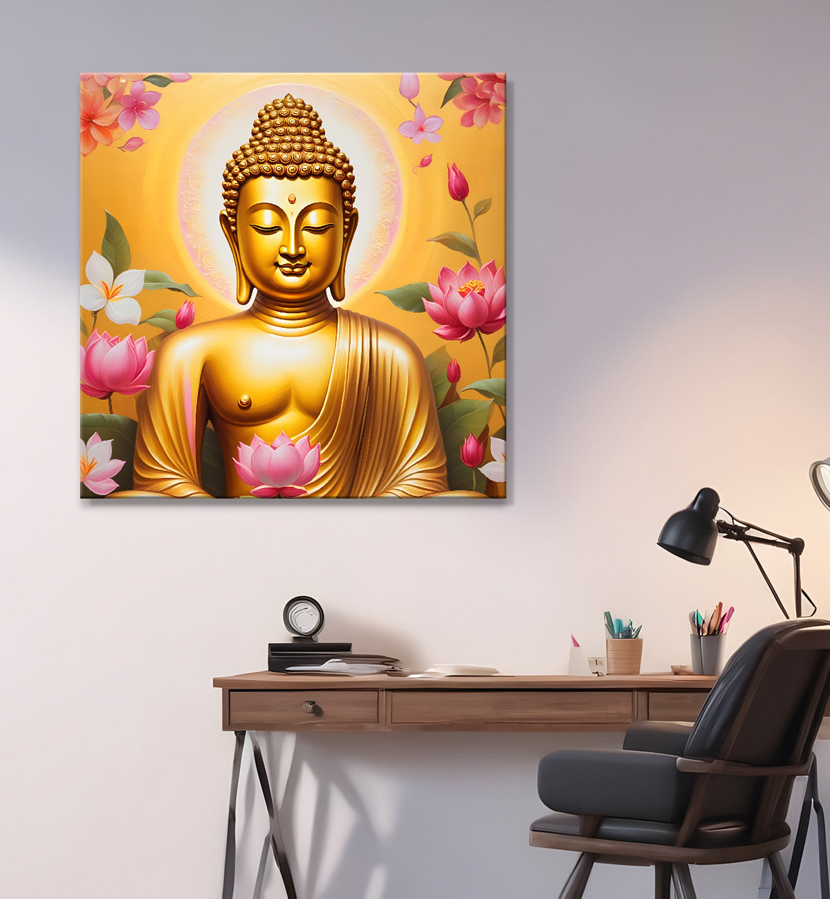 Golden buddha with lotuses background 24x24 inch Buddha-S-205