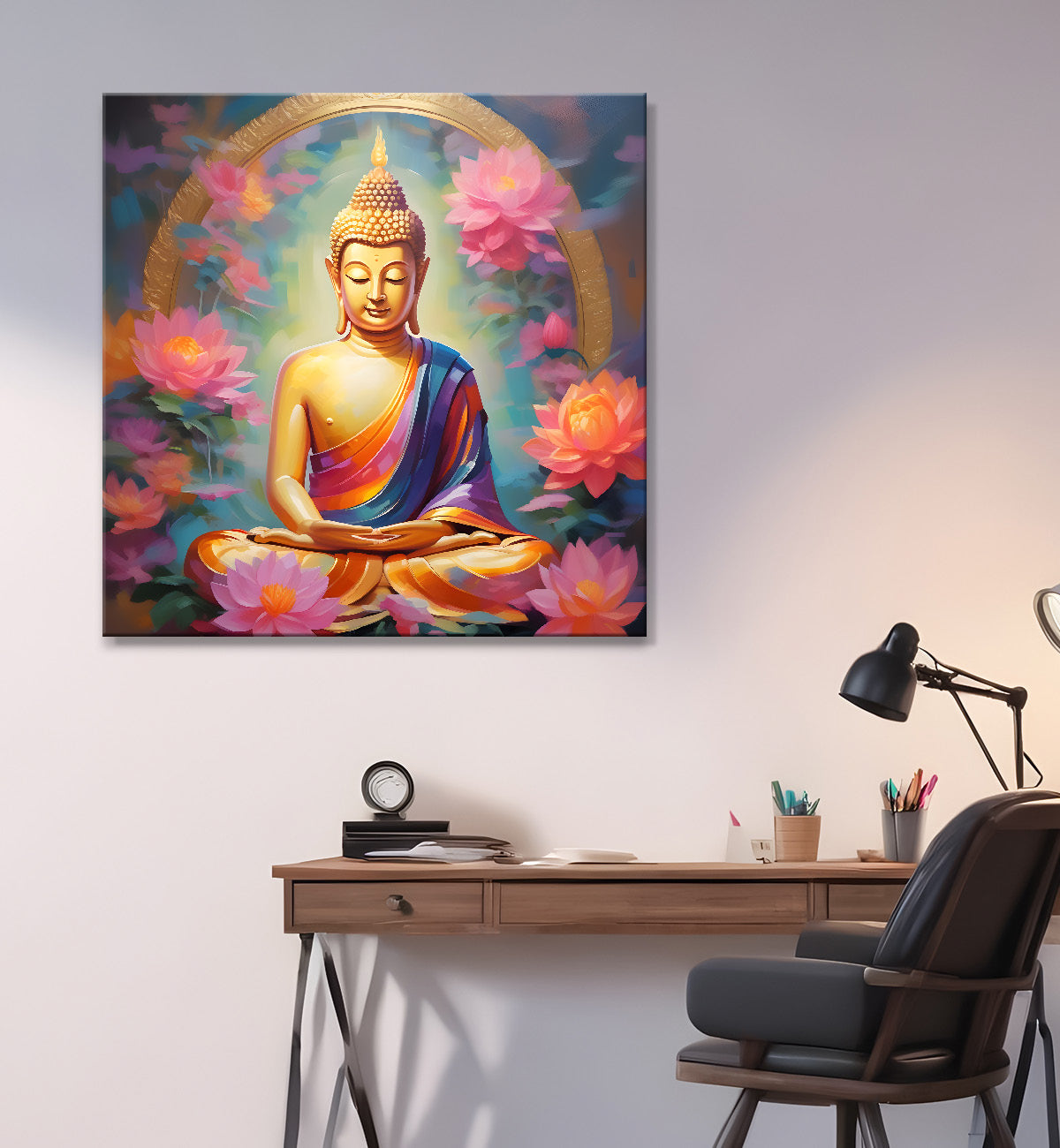 Golden buddha with lotuses background 24x24 inch Buddha-S-206