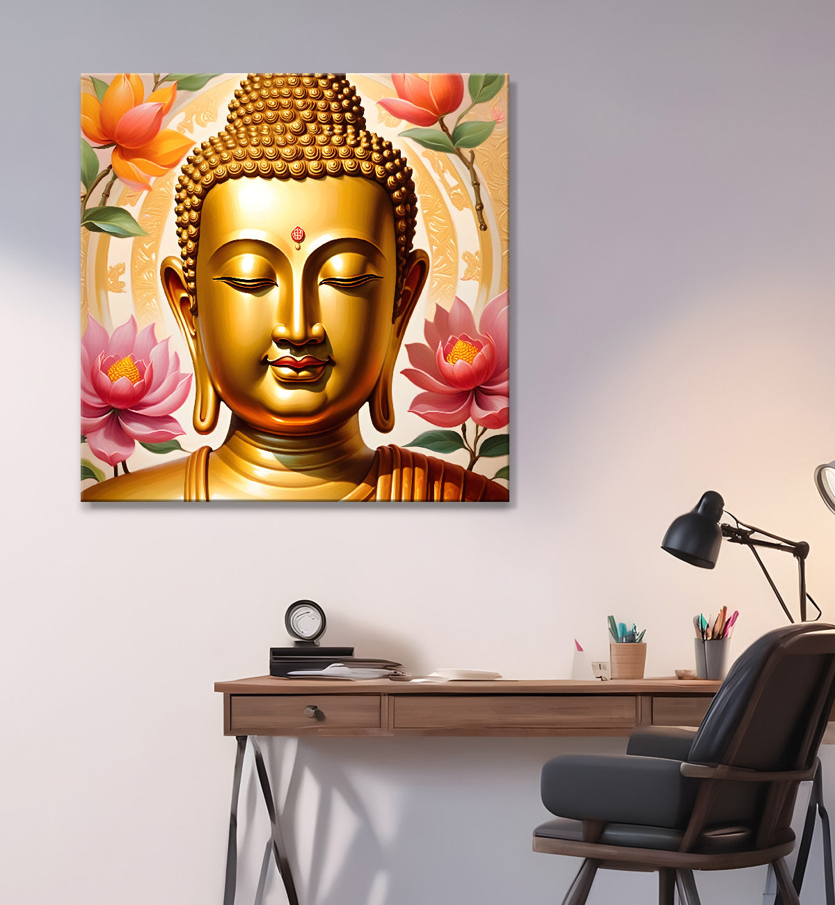 Golden buddha with lotuses background 24x24 inch Buddha-S-207