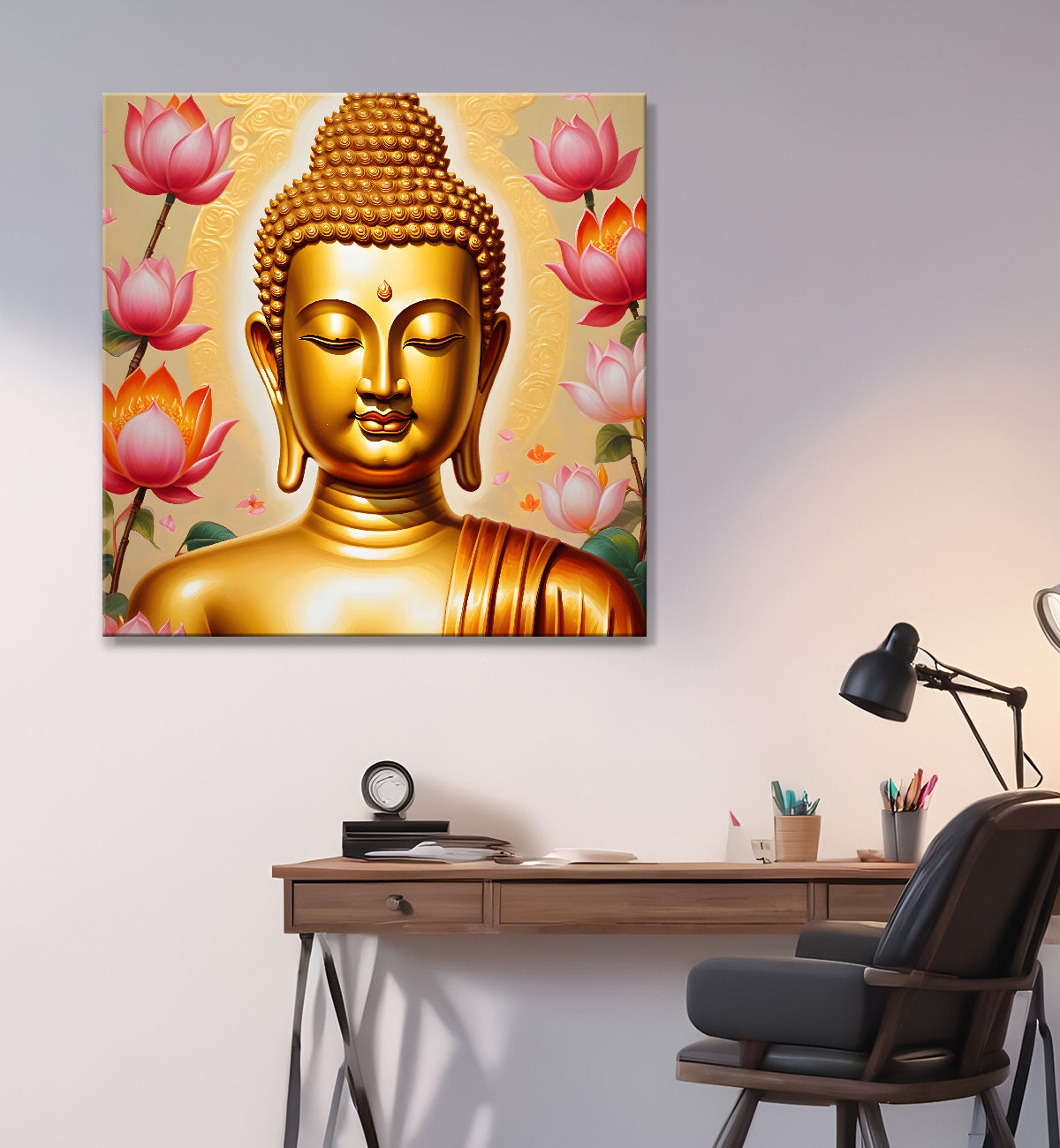 Golden buddha with lotuses background   24x24 inch Buddha-S-208