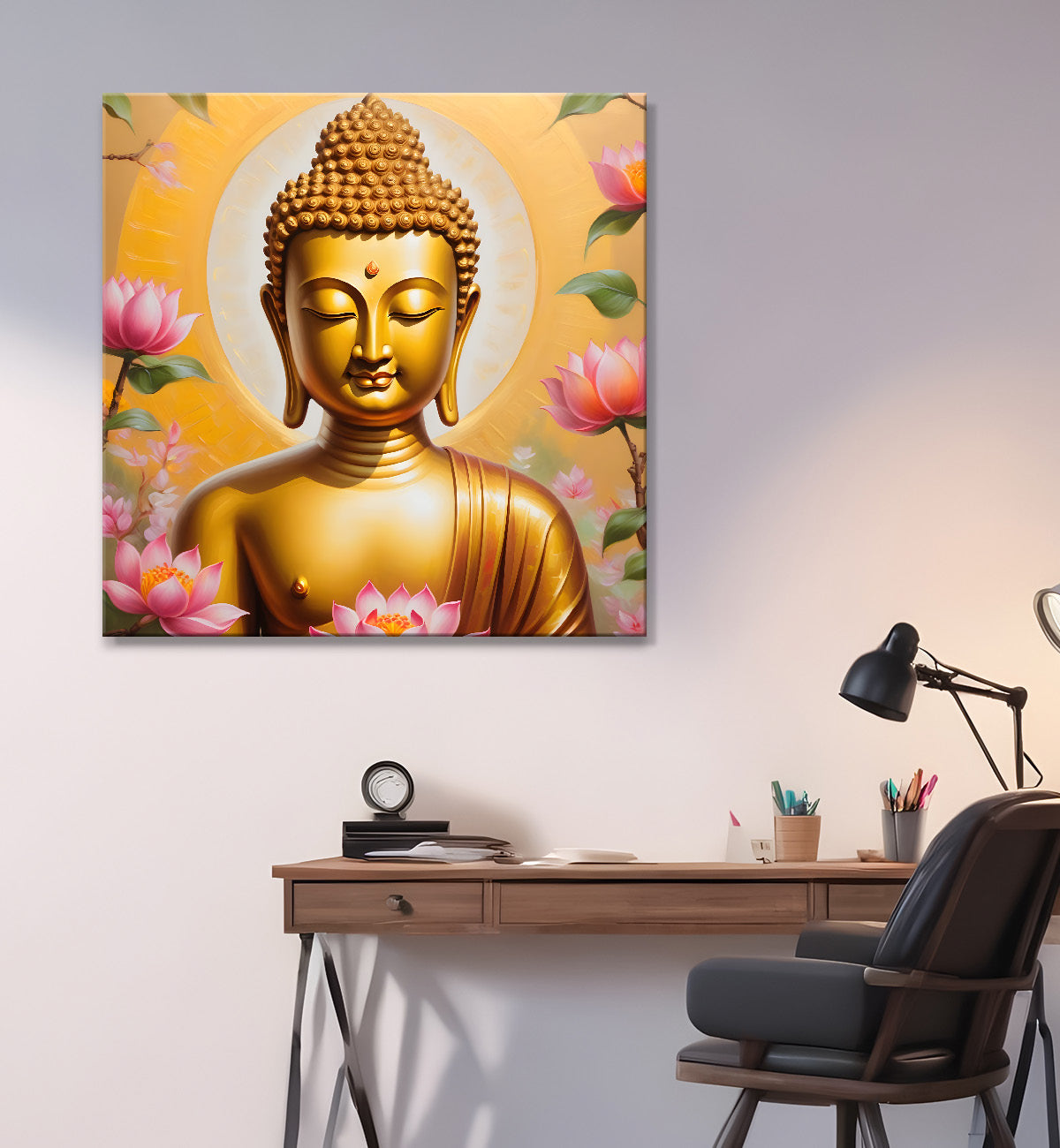Golden buddha with lotuses background  24x24 inch Buddha-S-209