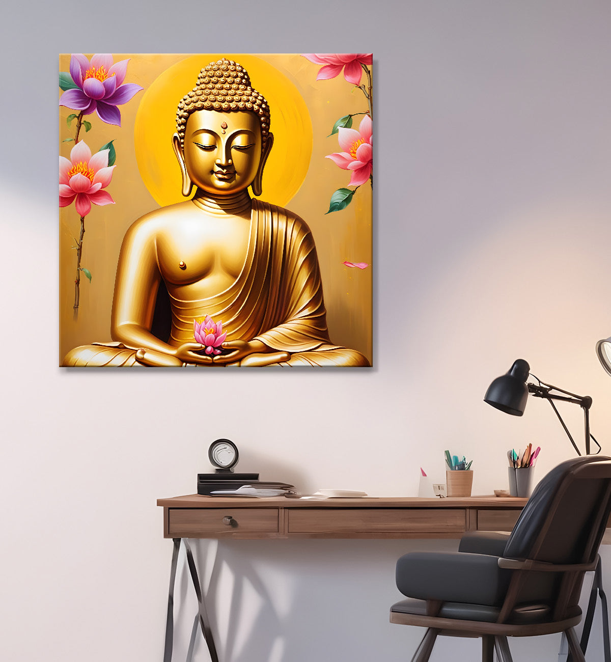 Golden buddha with lotuses background  24x24 inch Buddha-S-210