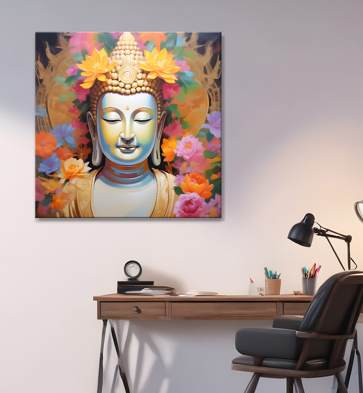 White face of buddha with lotuses background 24x24 inch Buddha-S-211