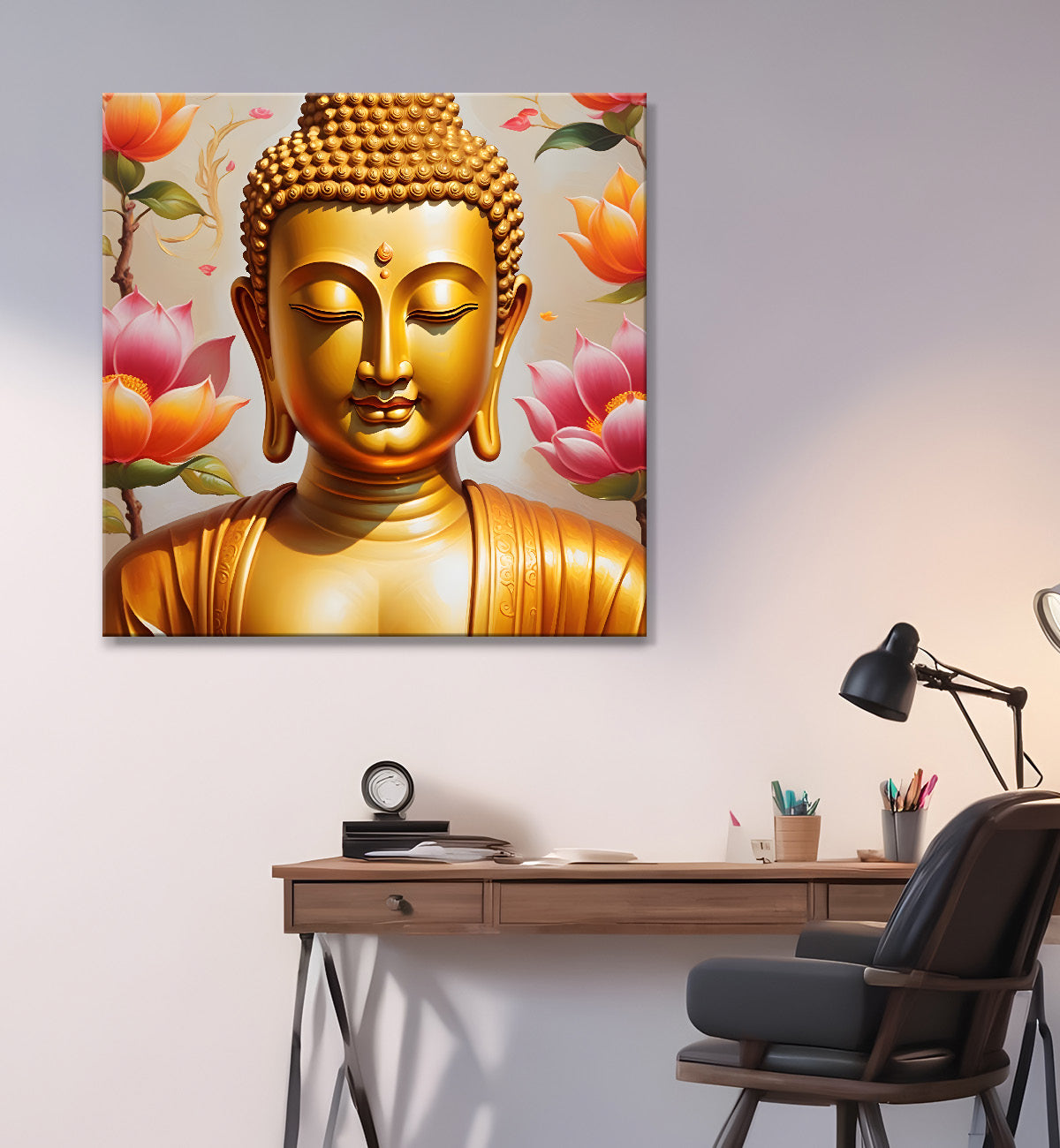 Golden buddha with lotuses background 24x24 inch Buddha-S-212