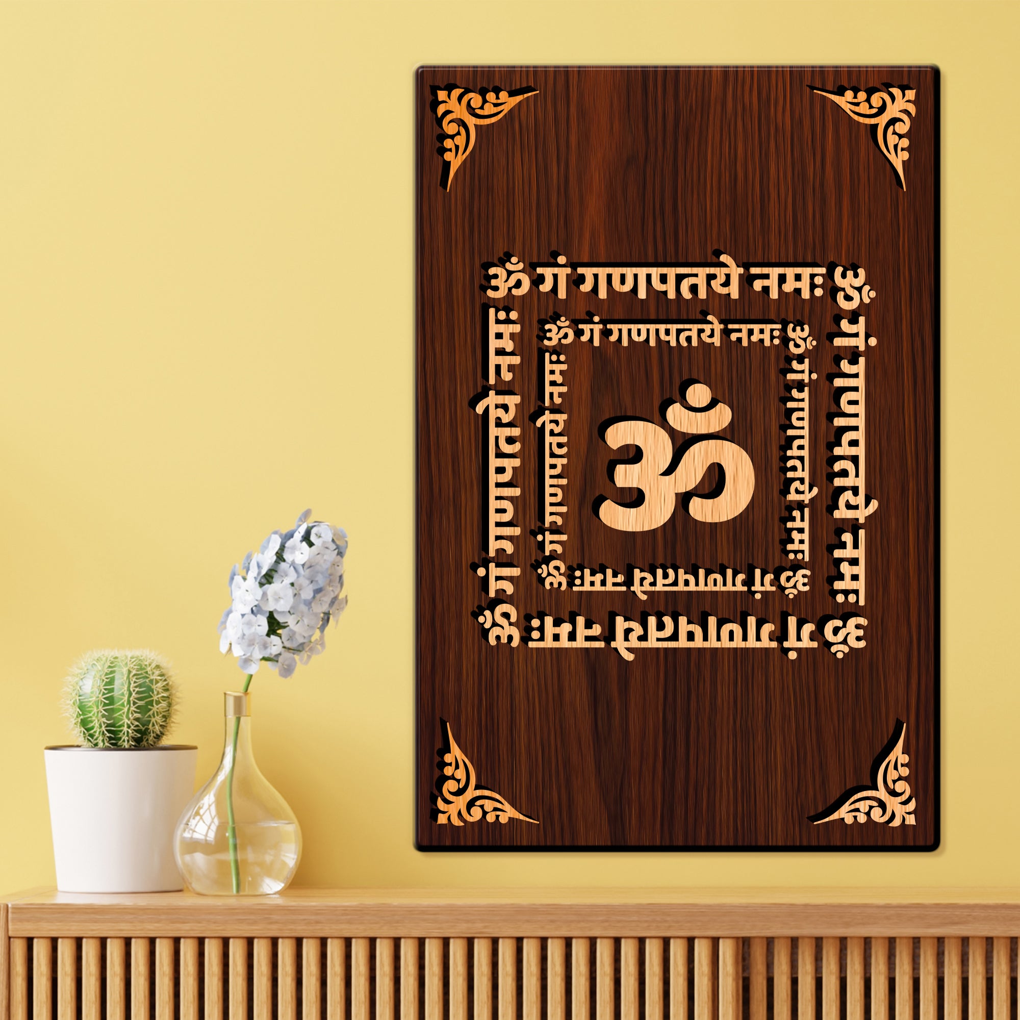 Om Gan Gan Patye Namah Mantra For Gifting and Home Decor Wooden Wall Decor, Wall Hanging - 138