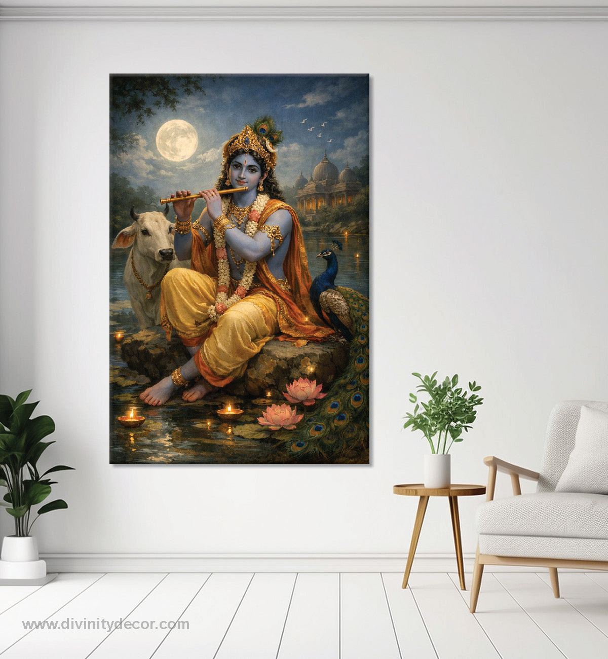 Lord Krishna Playing Flute Canvas Painting – Peaceful Wall Art 3
