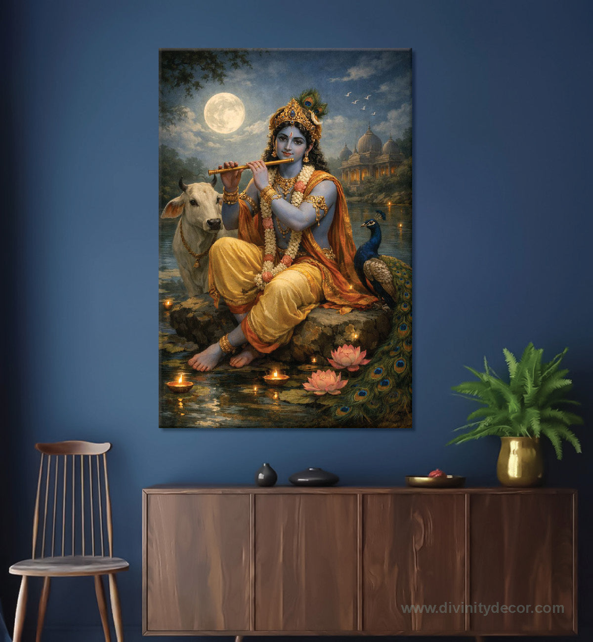 Lord Krishna Playing Flute Canvas Painting – Peaceful Wall Art 3