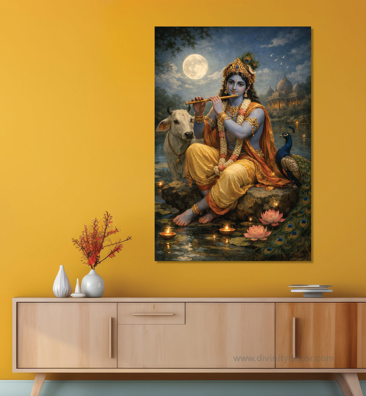 Lord Krishna Playing Flute Canvas Painting – Peaceful Wall Art 3