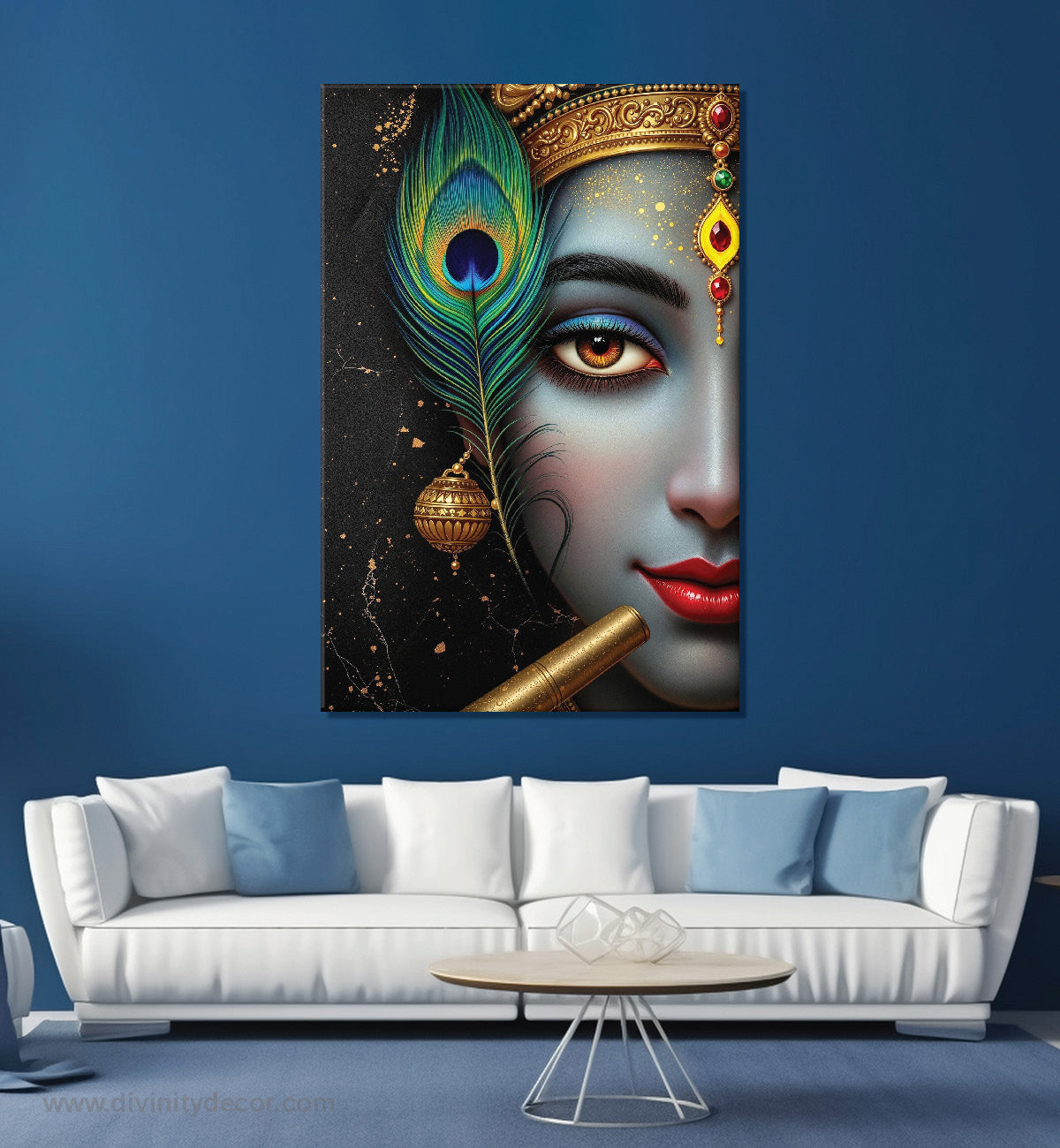Lord Krishna Peacock Feather Canvas Painting – Elegant Spiritual Art 5