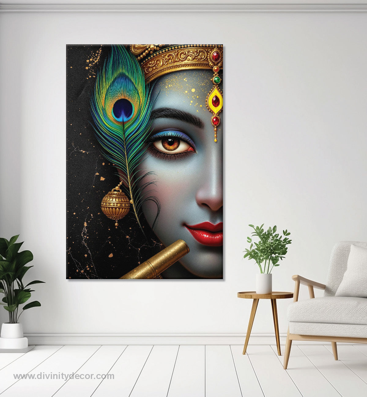 Lord Krishna Peacock Feather Canvas Painting – Elegant Spiritual Art 5