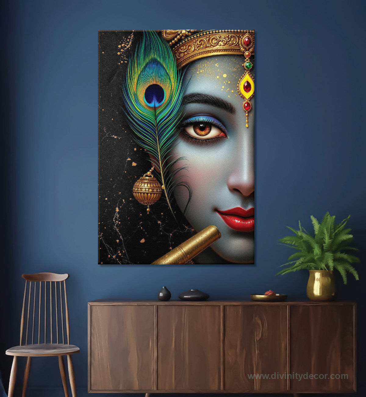 Lord Krishna Peacock Feather Canvas Painting – Elegant Spiritual Art 5